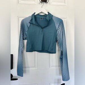 Teal Long-Sleeve Quarter-Zip Crop Top with Patterned Sleeves